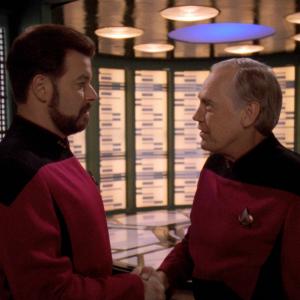 Still of Jonathan Frakes and Ronny Cox in Star Trek The Next Generation 1987