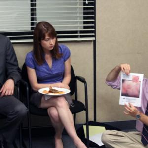 Still of Gabe Lewis Ed Helms Zach Woods and Ellie Kemper in The Office 2005
