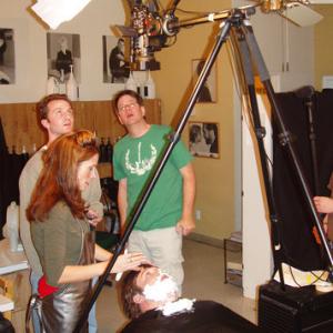 Actors Jennifer Pfalzgraff and Max Bullis risk getting crushed by a falling camera as the crew of John Philip Sousa Gets a Haircut looks on From left Brock Brown Joshua Provost Bruce Dellis and Wayne Leonard