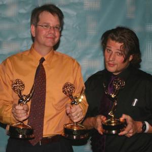 Writer/director Bruce Dellis (left) and actor/producer Max Bullis with the three Rocky Mountain Emmy® awards they won for 