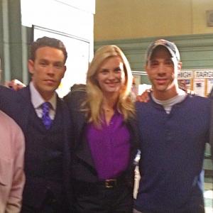 On set with cast of CBS Golden Boy Left to right Ron Yuan Kevin Alejandro Bonnie Somerville Joey Auzenne and Theo James