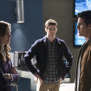 Still of Danielle Panabaker Robbie Amell and Grant Gustin in The Flash 2014