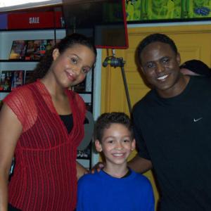 Jorden Davis takes a break after filming a scene in I'mPerfect with Sydney Tamiia Poitier and Wayne Brady.