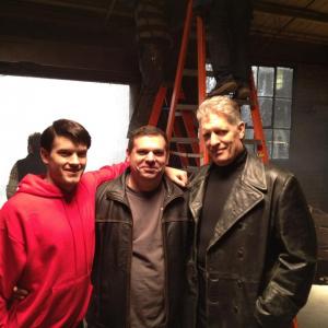 Chase Williamson Christopher Folino Clancy Brown on set of the movie Sparks