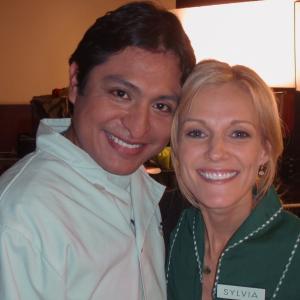 Omar Leyva with Tricia OKelley on the set of Weather Girl