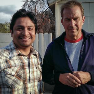 Omar Leyva and Kevin Costner on the set of McFarland USA
