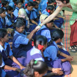 Greeting the blind children at the Manav Kalyan School in the Dang Forest India wwwenternamastecom