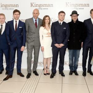 Colin Firth, Claudia Schiffer, Mark Strong, Matthew Vaughn, Sofia Boutella, Dave Gibbons, James Gianopulos, Mark Millar, Taron Egerton, Edward Holcroft and Sophie Cookson at event of Kingsman. Slaptoji tarnyba (2014)