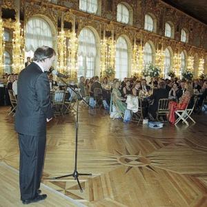 Maestro Valery Gergiev speaking inside Catherines Palace in Pushkin