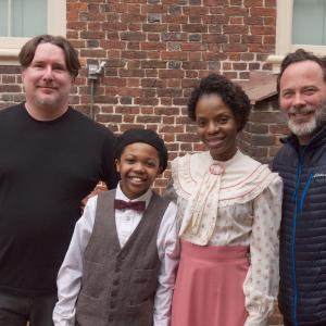 Director Derrick Borte, Writer / DP David Mallin, and stars Connor Berry and Marsha Stephanie Blake take a photo at the Moses Myers house in Norfolk, VA after wrapping for Day 2 of 