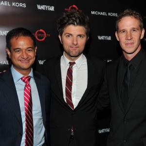 Producers Joey McFarland and Riza Aziz with Adam Scott at the 