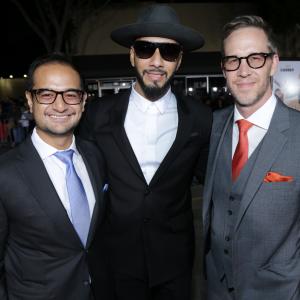 Riza Aziz, Swizz Beatz and Joey McFarland at the Dumb and Dumber To Premiere in Los Angeles.