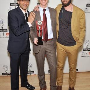 Fellow nominees Nick Choksi, Lucas Steele, and Blake DeLong (from left) backstage at the Lucille Lortel Awards in Manhattan.
