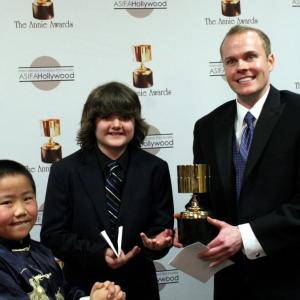 Presenters Perry Chen and Nicky Jones with feature character design winner Shane Prigmore