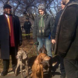 Matt Walters with Anthony Anderson and Jeremy Sisto on the set of LAW & ORDER - Season 19, Episode 16 