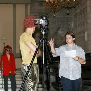 Frankie Frain directing Matthew Zagar on the set of I Need to Lose Ten Pounds St Georges Cathedral Newport RI