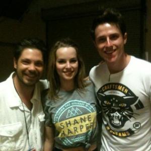 Actor Geno Romo with actors and recording artistsBridgit Mendler and Shane Harper