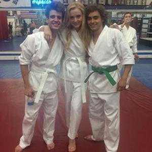 On set The Martial Arts Kid with Kathryn Newton  Jansen Panettiere