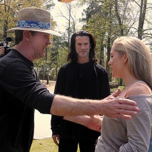 Tammy Barr on the set of BackStabber with directorChuck Walker and Lorenzo Lamas
