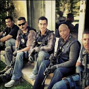 Behind the scenes: NCIS LOS Angeles, episode RUDE AWAKENINGS: PART 2, with my sometime screen partner, UK actor Tom Winter(to my right), taking a break between shots, with a few real LAPD S.W.A.T. members, on location, out in Encino, California