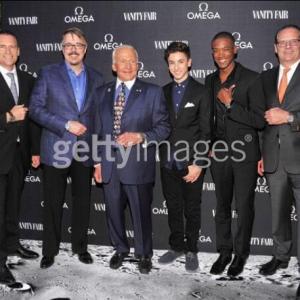 OMEGA And Vanity Fair Celebrate the 45th Anniversary Of The Moon Landing Brand President USA OMEGA Watches Gregory Swift producerwriter Vince Gilligan Colonel Buzz Aldrin actor Teo Halm actor Sergio Harford and OMEGA Vice President JeanClaud
