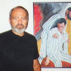 Bob with one of his paintings at a New Orlean's Gallery. It's a tribute to those who have died from aids. Taken in the early to mid 1990's.