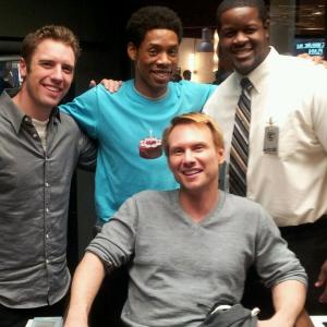 On the Set of Breaking In: Cast from Left to Right: Bret Harrison, Alphonso McAuley, Terrell Lee, and Christian Slater