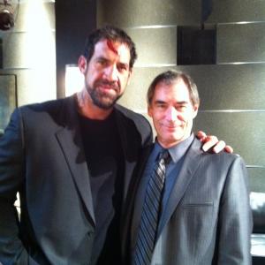 on the set of Chuck with Timothy Dalton