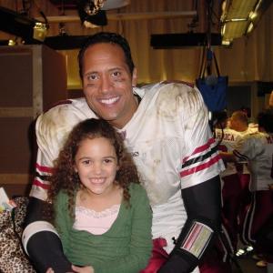 Madison Pettis with Dwayne The Rock Johnson on the set of The Game Plan