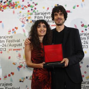 Nana Ekvtimishvili and Simon Gross at the Sarajevo Film Festival receiving The Heart of Sarajevo for Best Film IN BLOOM