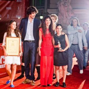 Mariam Bokeria Simon Gross Nana Ekvtimishvili and Lika Babluani at the Odessa International Film Festival receiving the Award for Best Acting in IN BLOOM