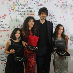 Lika Babluani, Nana Ekvtimishvili, Simon Gross and Mariam Bokeria at the Sarajevo Film Festival, receiving The Heart of Sarajevo for the Best Film and The Hearts of the Sarajevo for Best Acting in IN BLOOM