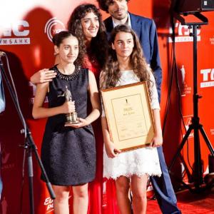 Lika Babluani Nana Ekvtimishvili Mariam Bokeria and Simon Gross at the Odessa International Film Festival receiving the Award for Best Acting in IN BLOOM