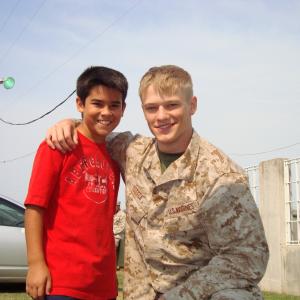 On set with Lucas Till