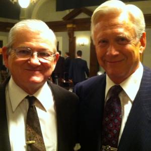 Seth and Bruce Davison on the Hearing Room set of The Bronx Bull 2013 following their questioning of William Forsythe June 13 2012