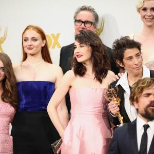 Guymon Casady Peter Dinklage Carice van Houten Carolyn Strauss Maisie Williams Gwendoline Christie and Sophie Turner at event of The 67th Primetime Emmy Awards 2015