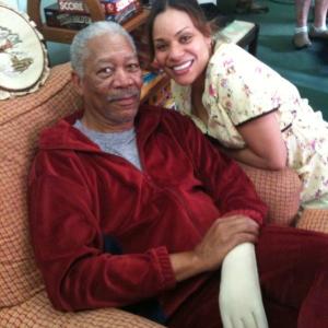 on set photo Morgan Freeman and Jaqueline Fleming for film RED