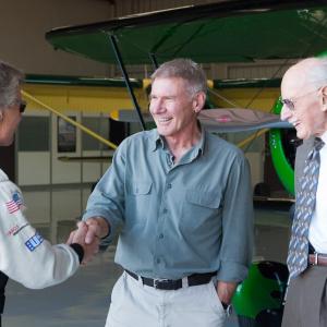 SANTA MONICA CA  NOV 22 2011 Sean D Tucker Harrison Ford and Bob Hoover during principal photography of Flying the Feathered Edge The Bob Hoover Project