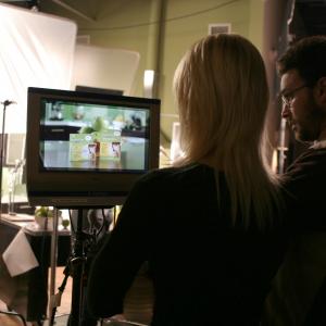 Director Jenine Mayring composes a shot with cinematographer Evin Grant, on the set of a national TV commercial shoot for Apple-A-Day Edible Strips, produced by Brooklyn Girl Productions.