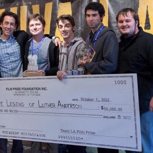 Executive Director Gregory Kallenberg (left) and Festival Director Chris Lyon (right) with filmmakers (left to right) Noah Scruggs, Chris Armand, and Thomas Woodruff at the awards ceremony for the Louisiana Film Prize 2012.