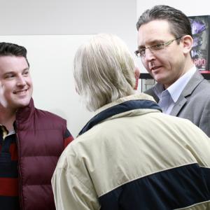 Declan Reynolds and Stephen Gibson producer talking with director Jack Conroy on set of THE GAELIC CURSE Oct 2014