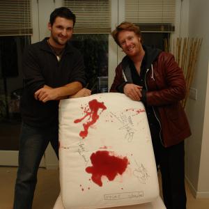 Bloody set piece signed by cast of THE TRUTH AJ Gordon on set with Director Ryan BartonGrimley