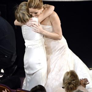 Jennifer Lawrence hugs mother Karen Lawrence after winning the Best Actress award for Silver Linings Playbook during the Oscars held at the Dolby Theatre on February 24 2013 in Hollywood California