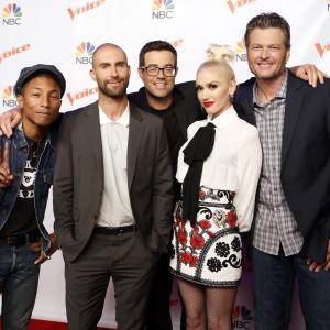 Carson Daly Gwen Stefani Pharrell Williams Blake Shelton and Adam Levine at event of The Voice 2011