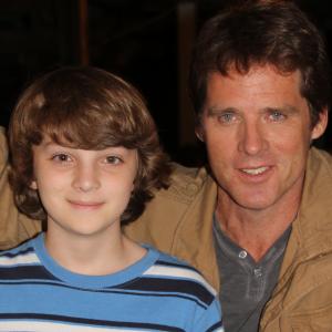 Toby as the younger version of Ben Browder on the set of Dead Still.