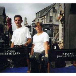 Noel Donnellon L and Sarah Francis R on the set of Saving Private RyanHatfield Aerodrome England 1997