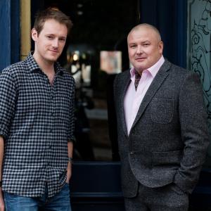 Matthew with Conleth Hill on set for Two Down (2013).