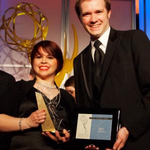 Inspector 42 producer Lyvia A Martnez and director Nathan D Lee show the awards for best Drama and Best Director at the 2010 College Television Awards by the Academy of Television Arts and Sciences Foundation in Hollywood California