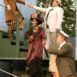 LR Bernadette Sullivan Aisha Kabia Richard Azurdia and Danny Campbell in the Independent Shakespeare Co production of The Merry Wives of Windsor