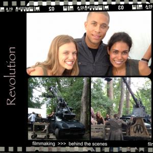 Tracy Spiridakos Daniella Alonso and Jason Wesley shooting an episode of Revolution